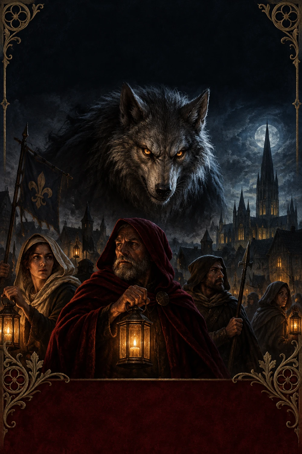 Salisbury villagers carrying lanterns below a watchful wolf and cathedral